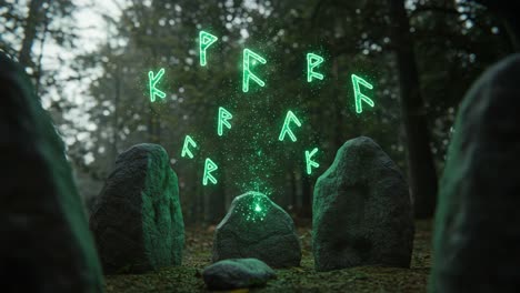 mystical forest gathering: ethereal symbols emanating from sacred stones in an enchanted setting, illuminating the elemental nature of ancient runes