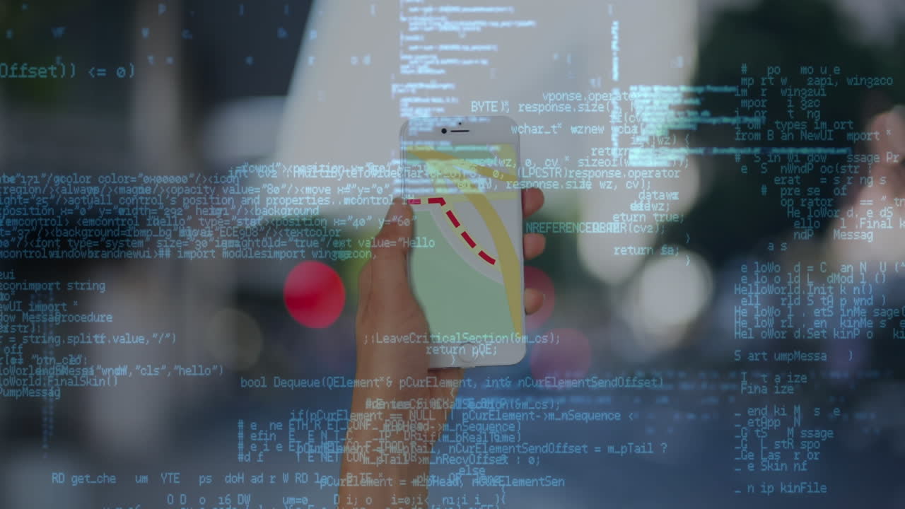 Animation of data processing over woman using smartphone