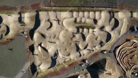 Top-View-Of-Bumpy-Tracks-In-Waterfront-Mountain-Bike-Park-At-Bellingham-Downtown,-Washington