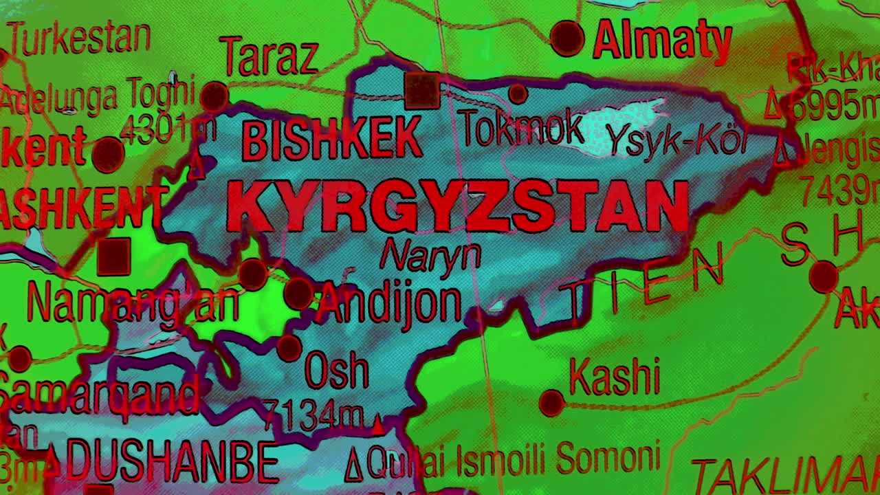 A detailed map of Kyrgyzstan and surrounding Central Asian regions