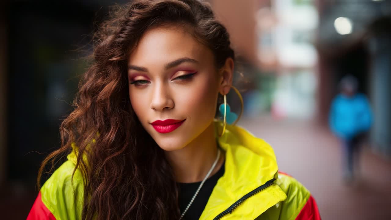 A Confident Young Woman with Curly Hair in a Vibrant Jacket Poses Stylishly in an Urban Setting, Radiating Boldness and Elegance Amidst a Blurred Background