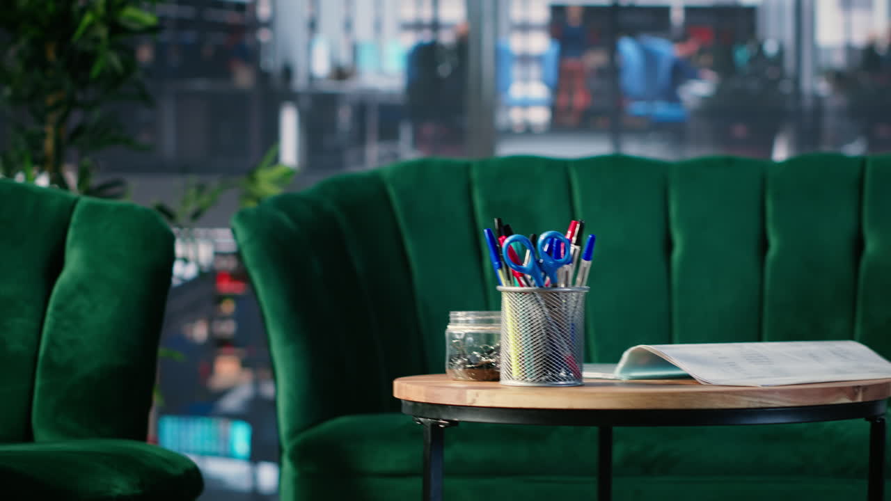 Vertical Video Business lobby featuring sofa in a bright modern boardroom with glass elements