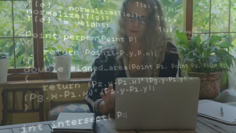 animation of financial data processing over caucasian businesswoman using laptop