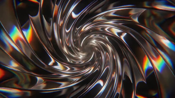 Abstract Rotating Metallic Spiral with Prismatic Light Refractions