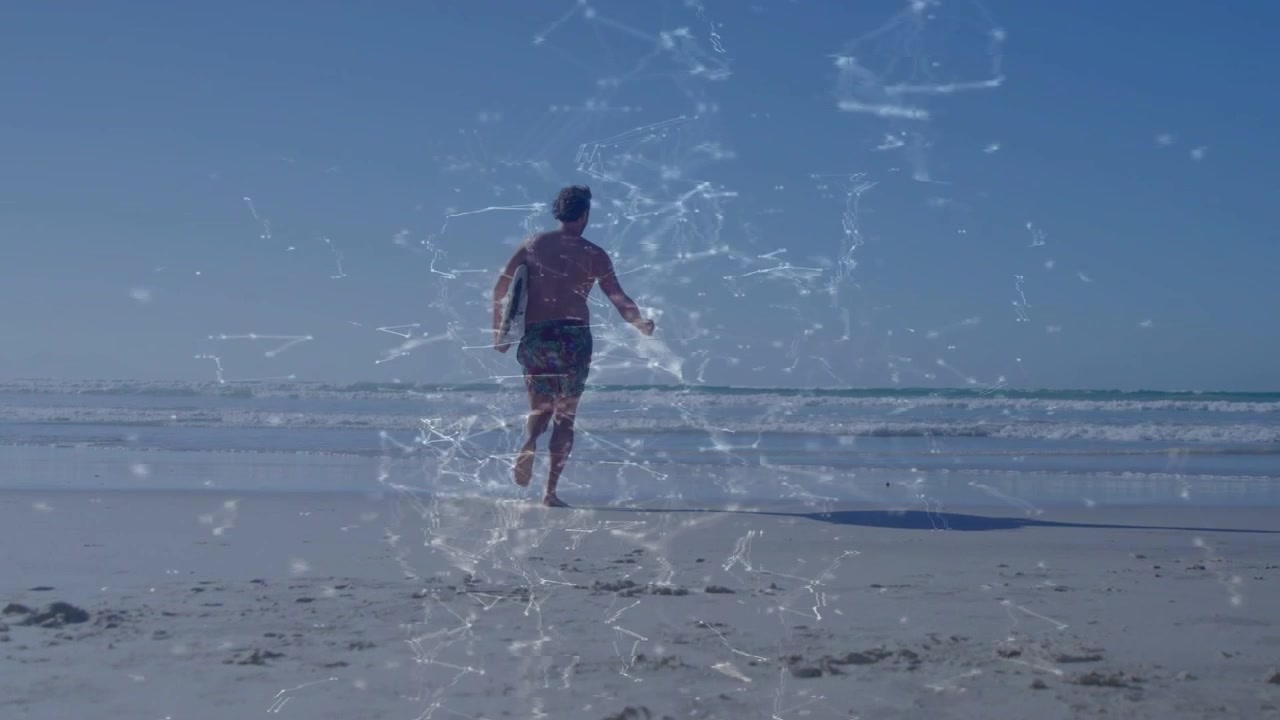 Surfista masculino avistando olas, corriendo hacia el oleaje, sosteniendo la tabla y siguiendo una superposición de estrellas para deportes.
