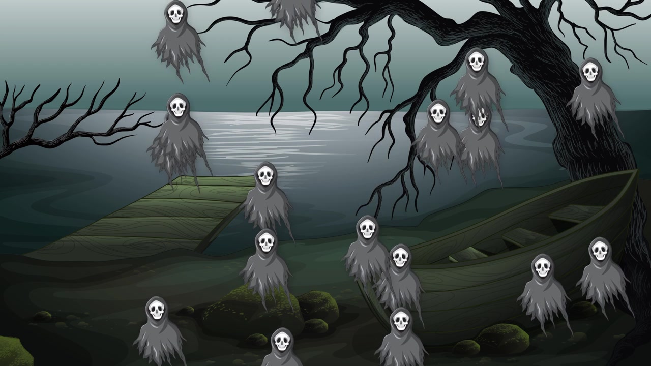 Fantasmi animati che fluttuano su un lago oscuro e inquietante