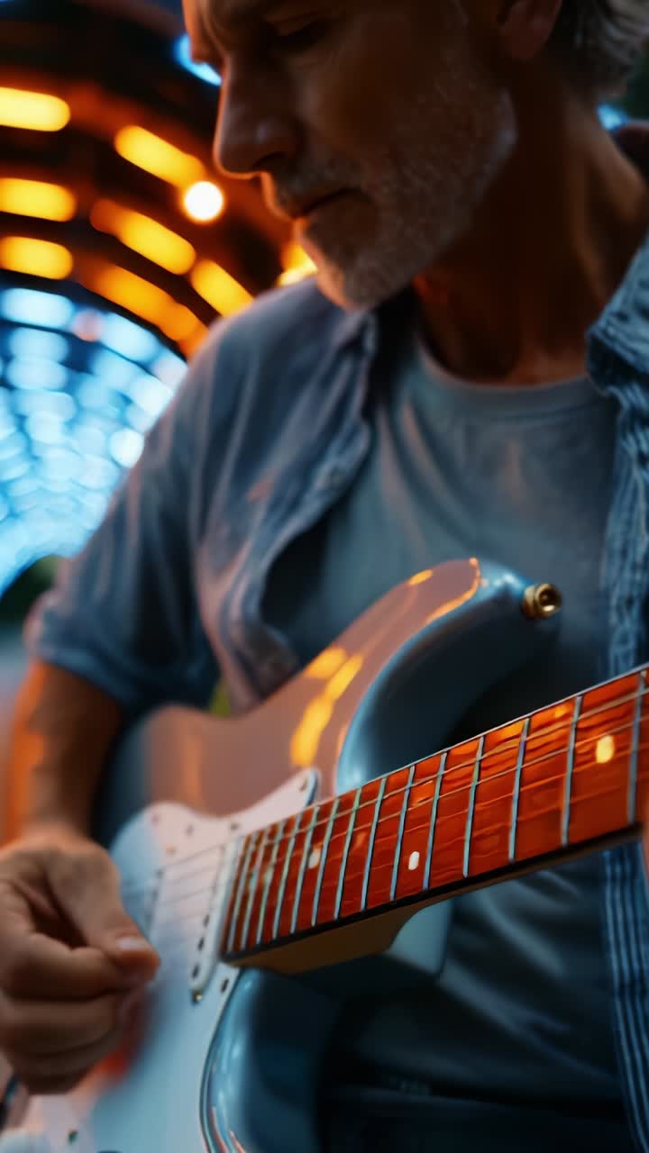 Actuación fascinante de un músico experto tocando una guitarra eléctrica en un túnel de luces vibrante con un efecto bokeh cautivador