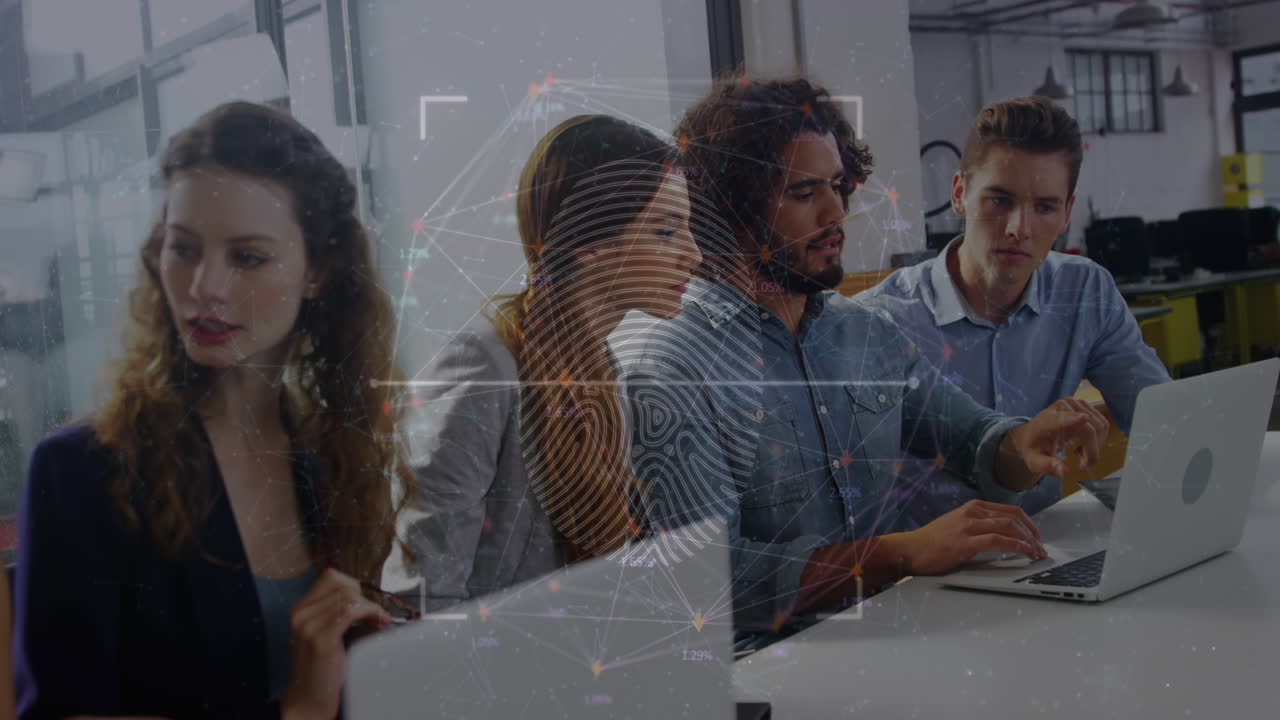 Animation of fingerprint scanner over diverse colleagues using laptop and discussing at office