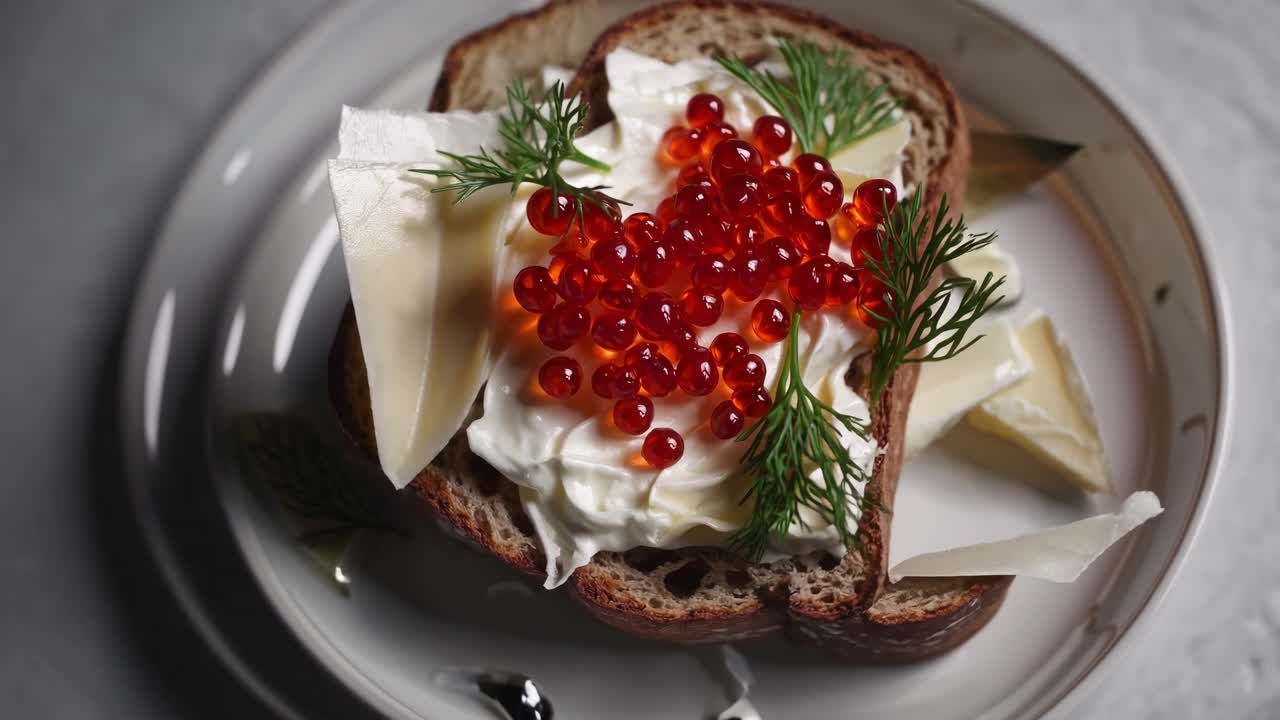 Delicious open-faced sandwich topped with creamy spread, vibrant red caviar, and fresh herbs, showcasing a culinary masterpiece in a beautifully arranged presentation