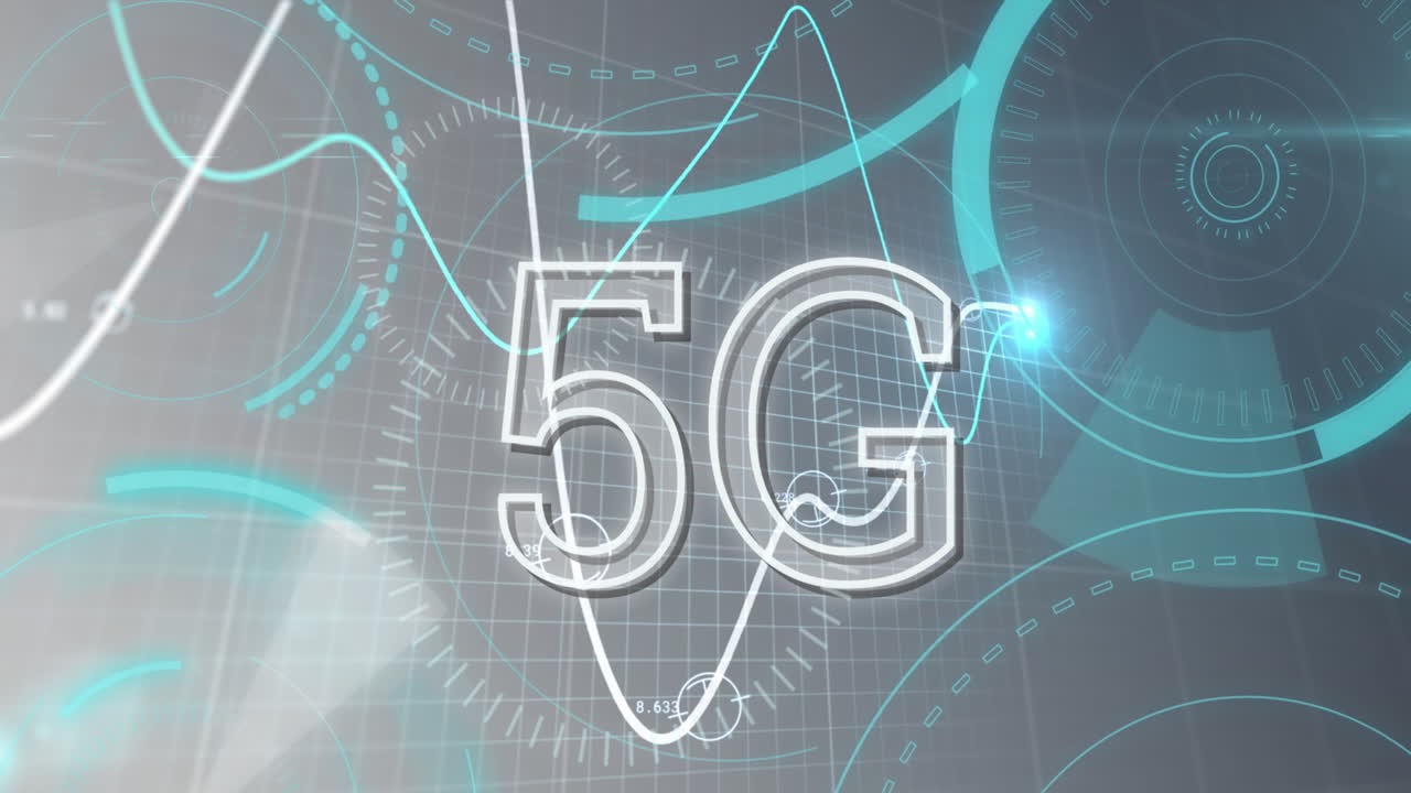 animación de texto 5g con línea con procesamiento de datos financieros y escaneo de alcances