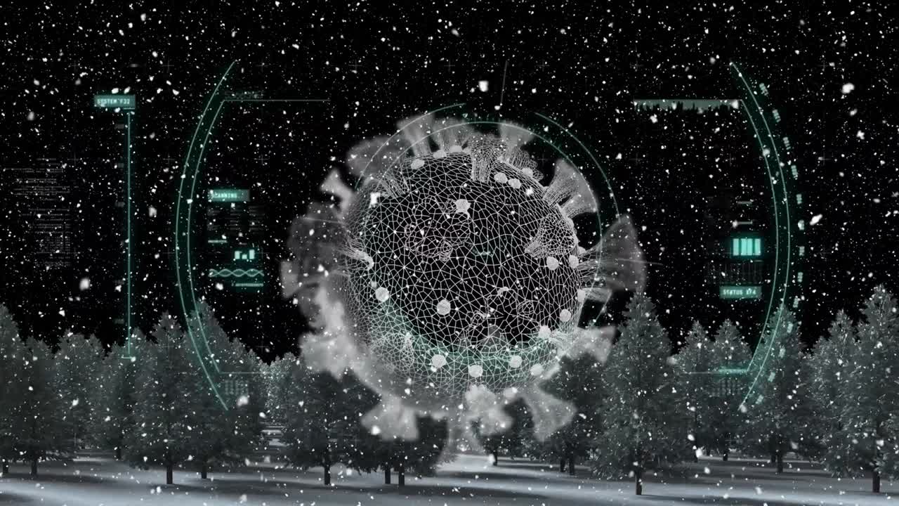 코로나 19 세포의 애니메이션과 겨울 풍경에 움직이는 범위와 피르 나무와 눈이 떨어지는