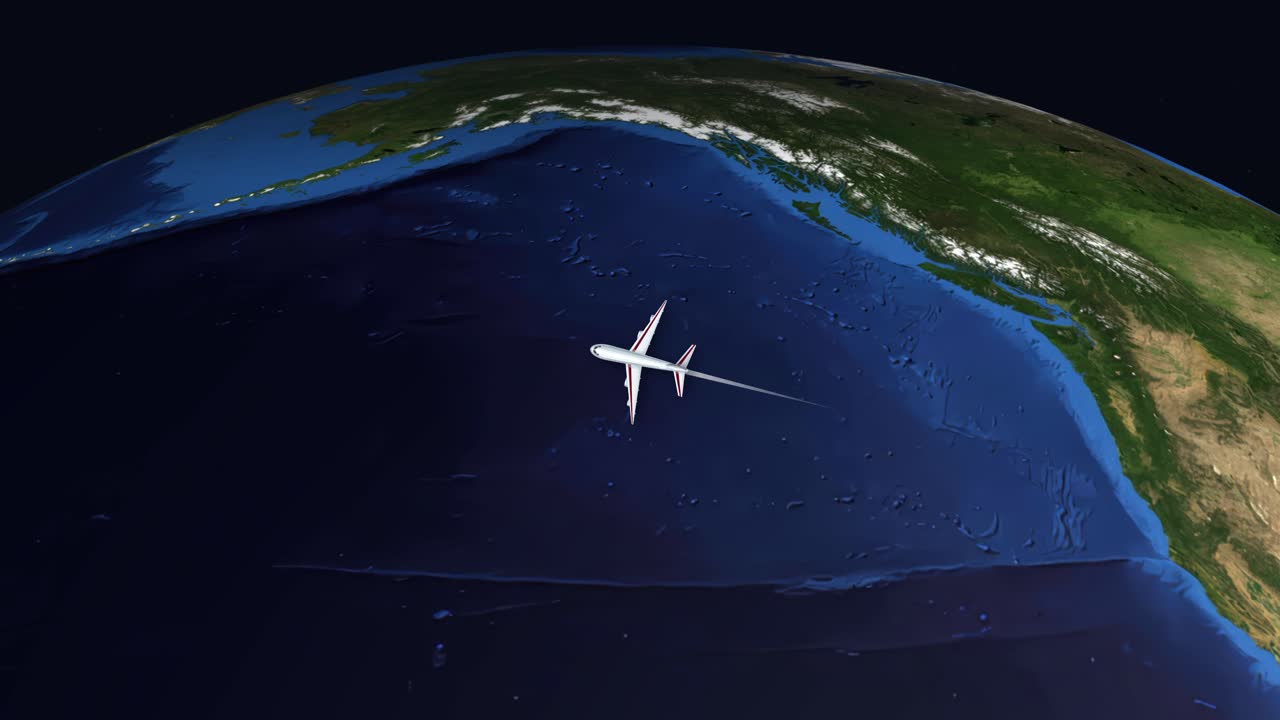 Satellite view animation follows a commercial airplane flying from Las Vegas to Singapore across oceans