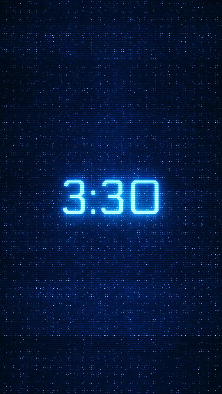 Blue digital countdown time display with glowing colon digits scan line texture and starry data