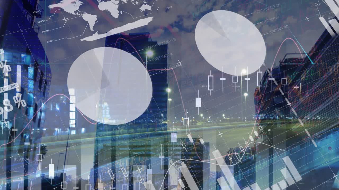 도시 풍경 위의 금융 데이터 처리 애니메이션