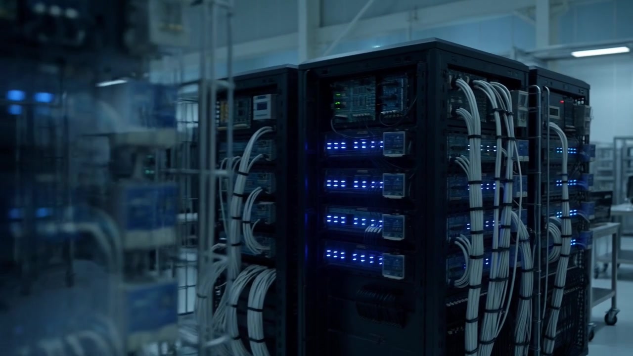 Modern Data Center with Glowing Blue Server Racks