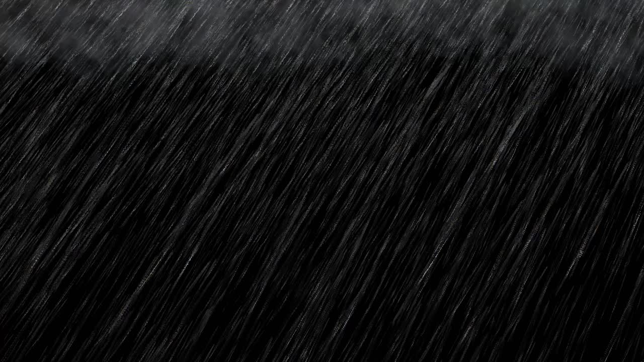 Heavy rainfall with grey clouds on black background 3D animation visual effects