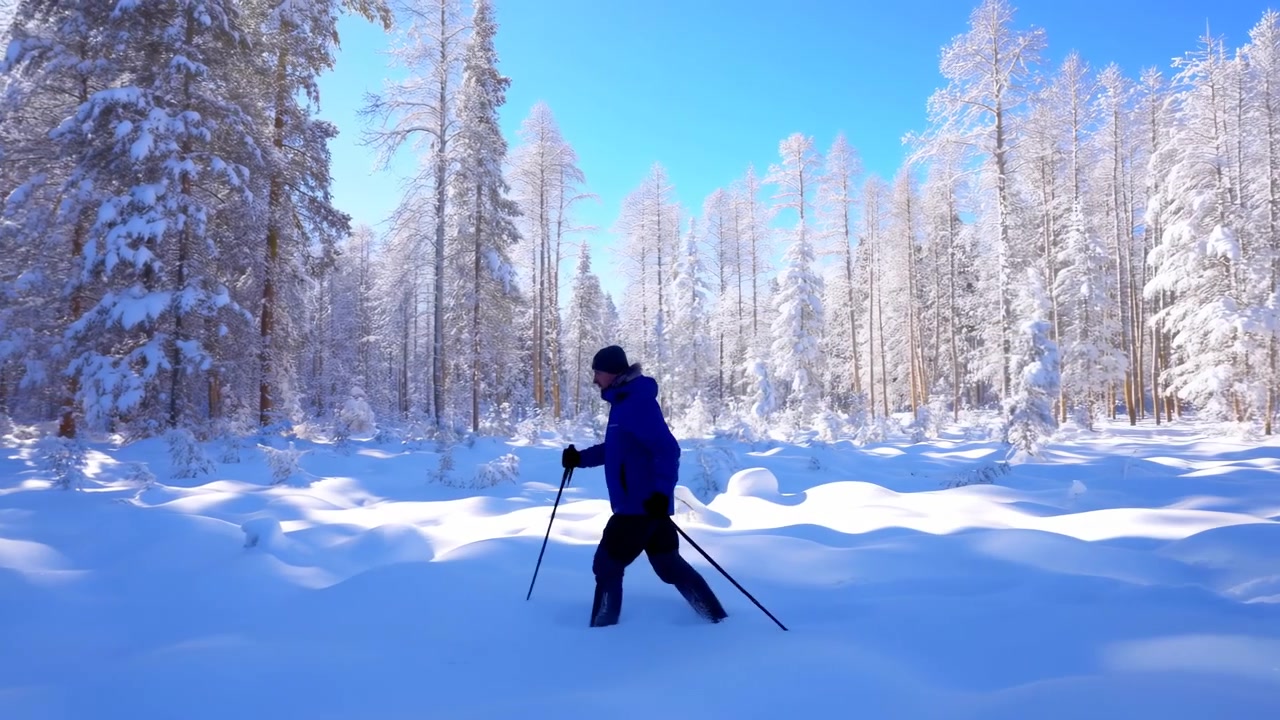 A person skiing through a snowy forest with a clear blue sky, captured from a side view following the skier's movement. The scene is serene and active, showcasing an outdoor recreation.