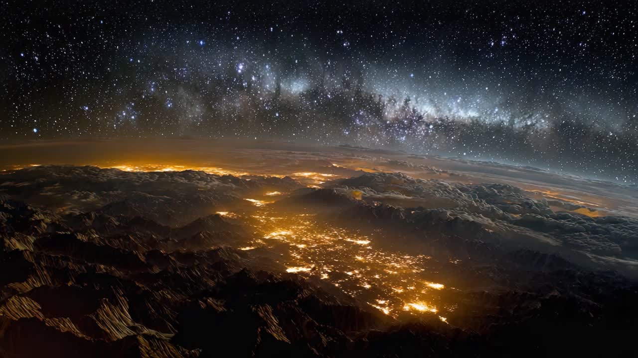 Mesmerizing Cosmic Landscape: A Stunning Glimpse of Earth from Space with Starry Skies and Luminous City Lights Beneath the Milky Way's Vastness