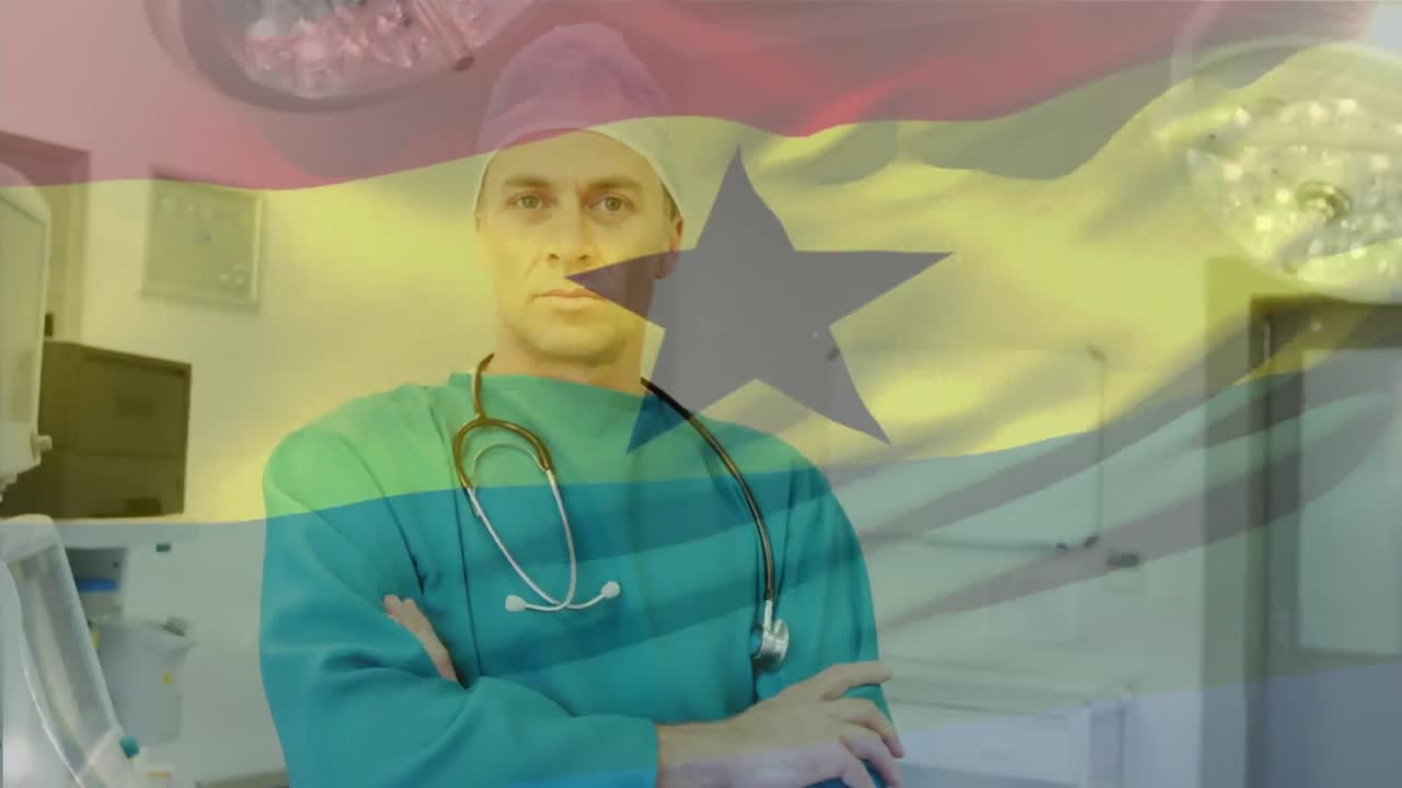 Animation of flag of ghana waving over surgeons in operating theatre