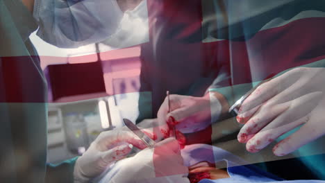 animation of flag of england waving over surgeons in operating theatre