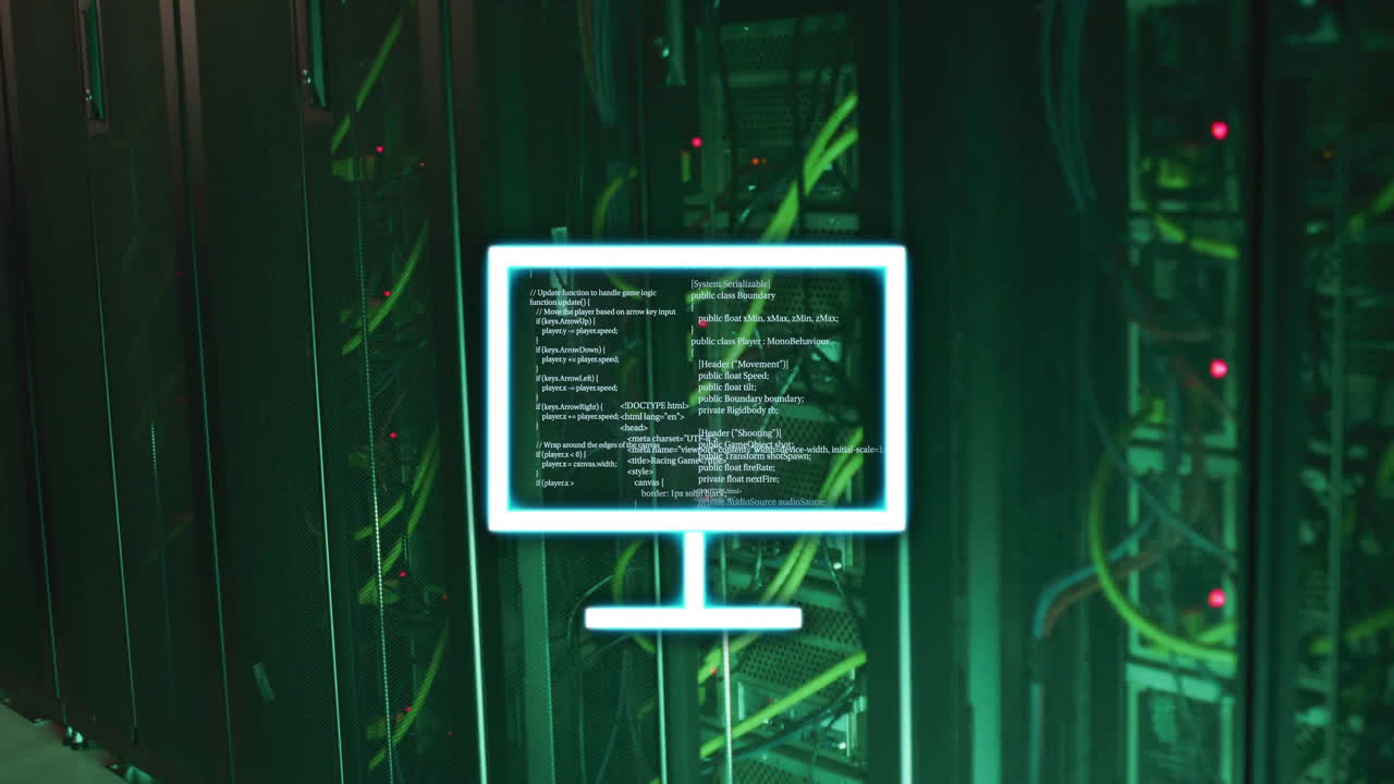 Computer screen with code animation over server racks in data center