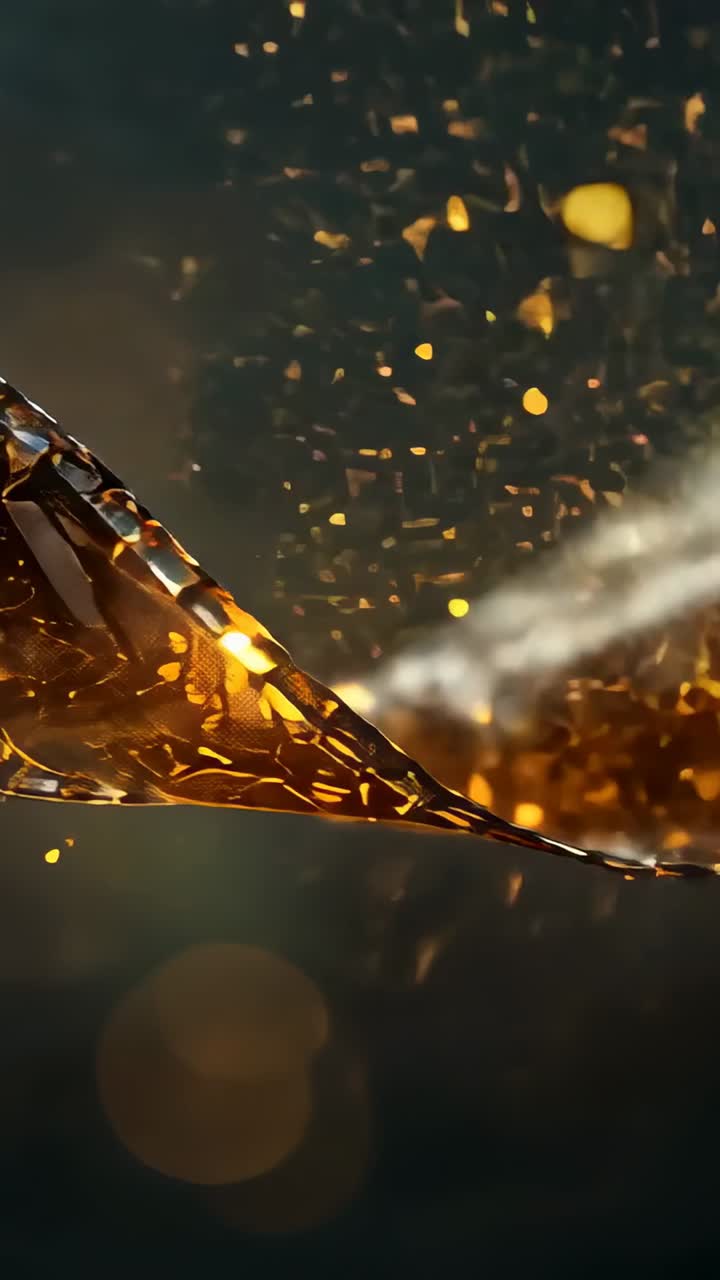 Video vertikal: Mendorong kamera, pita emas bergerak menuju lensa di studio untuk close-up, bokeh