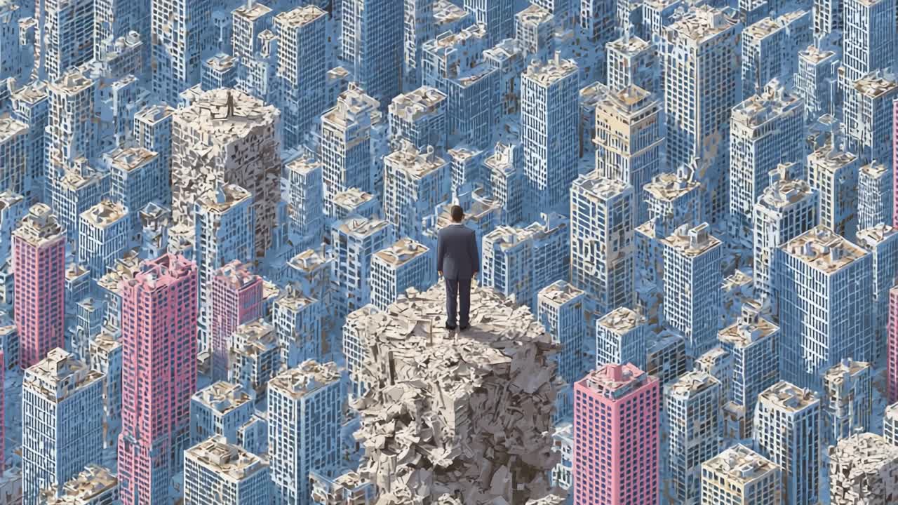 A solitary figure stands atop a massive rocky pinnacle, surveying a sprawling urban landscape filled with towering skyscrapers and vibrant structures, symbolizing isolation and the expanse of modernity
