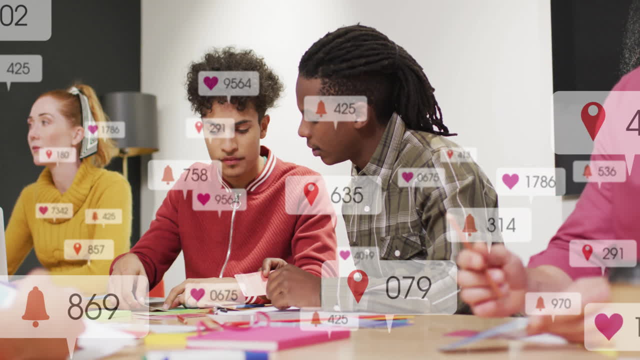 Animation of multiple notification bars over diverse coworkers sharing ideas in office