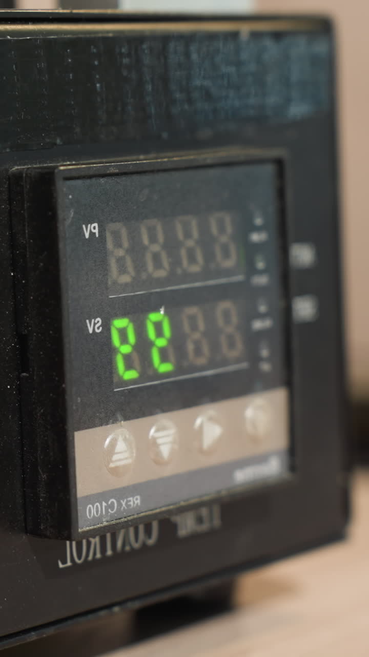 검은색 온도 제어 장치에서 빨간색 전원 스위치를 끄는 기술자의 장갑을 입은 손의 근접 시각