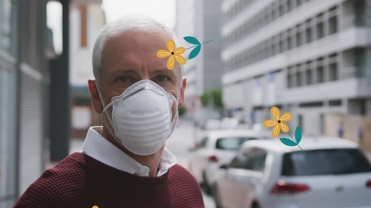 Animação de flores caindo sobre homens caucasianos usando máscara facial