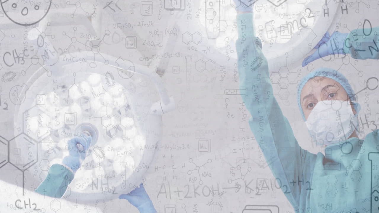 Animation of chemical equations over diverse surgeons preparing lamps in operating room