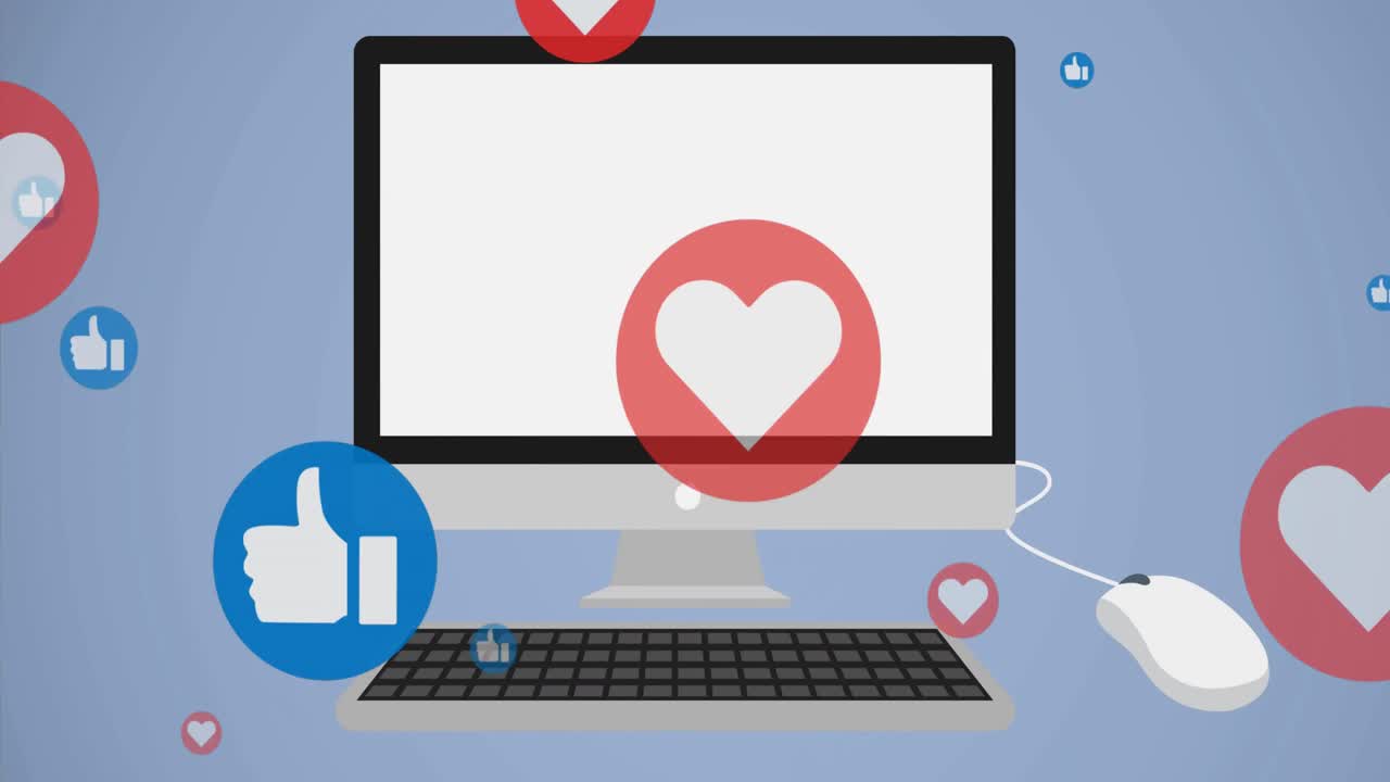 Animation of media icons over computer