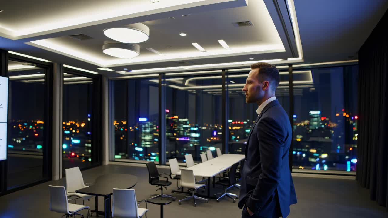 Business Presentation in Modern Office at Night