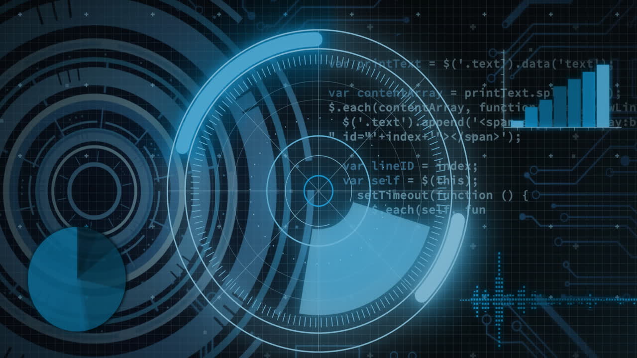 animación de escaneo de ámbitos y procesamiento de datos sobre fondo negro.