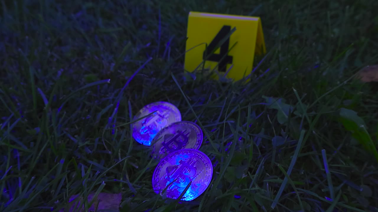 Close up view of golden shiny and reflective Bitcoin cryptocurrency coin next to a yellow police forensic investigation crime marker on grassy lawn, police red and yellow lights flashing and flicker