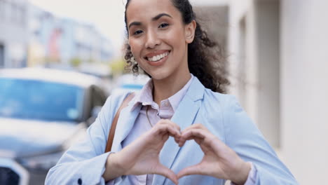 happy, face and a woman with heart hands