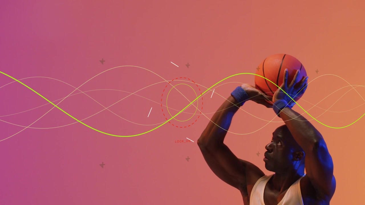 Athlete aligning grip and launching ball, following shot as sine lines, HUD crossing behind ball