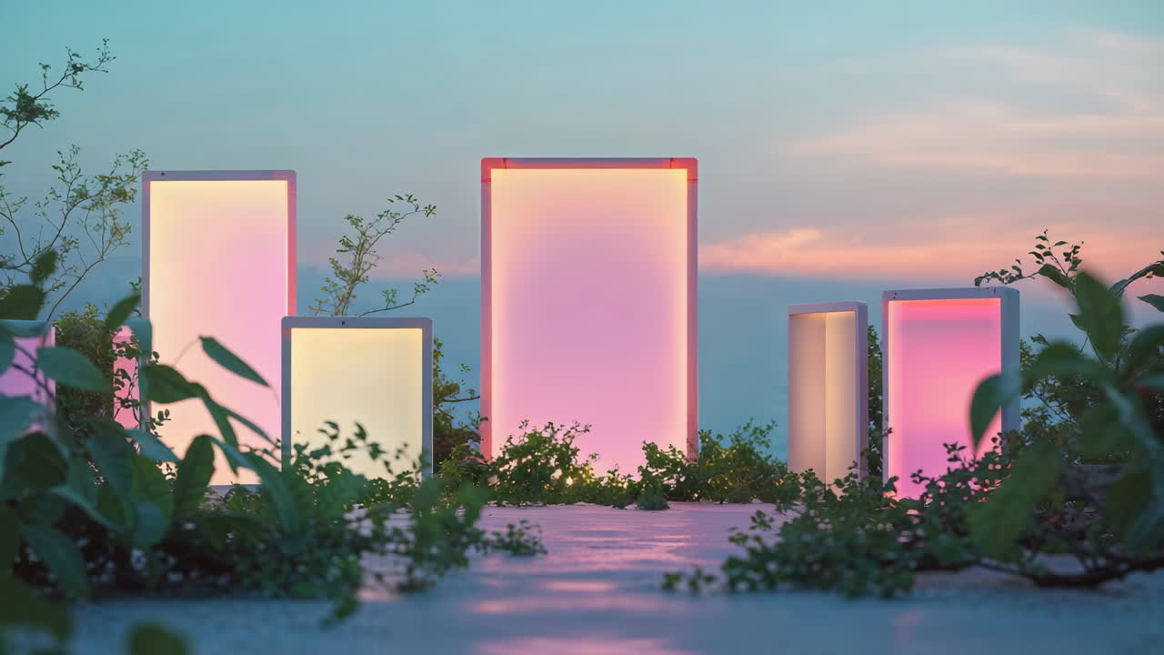 Vibrant Illuminated Panels Amidst Greenery at Twilight