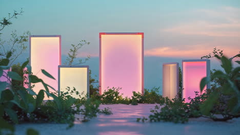 vibrant illuminated panels amidst greenery at twilight