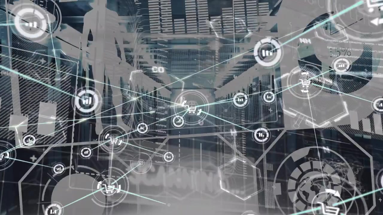 Animation des Netzwerks von Verbindungen mit Icons und Datenverarbeitung über dem Serverraum