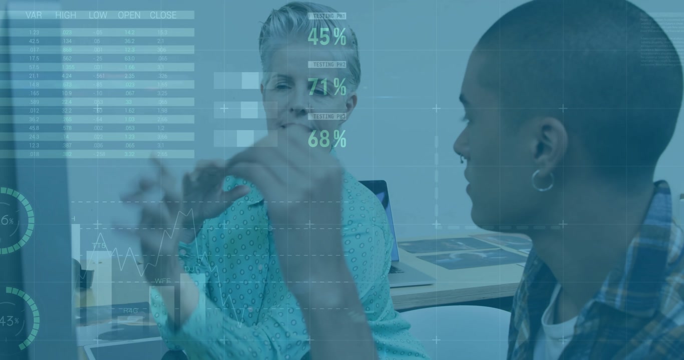 Business data analytics animation over diverse colleagues discussing in office