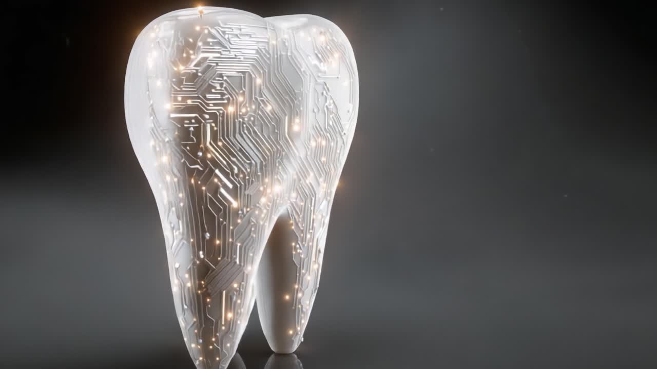 A Stunning Fusion of Technology and Oral Health: An Artistic Representation of a Tooth Embedded with Circuit Patterns and Shimmering Lights