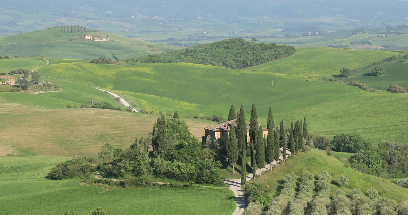 Il Belvedere nella Val d'Orcia in Toscana, Italia. Designata Patrimonio dell'Umanità dall'UNESCO, la Val d'Orcia è un paesaggio dall'estetica distintiva e da pianure gessose piatte.
