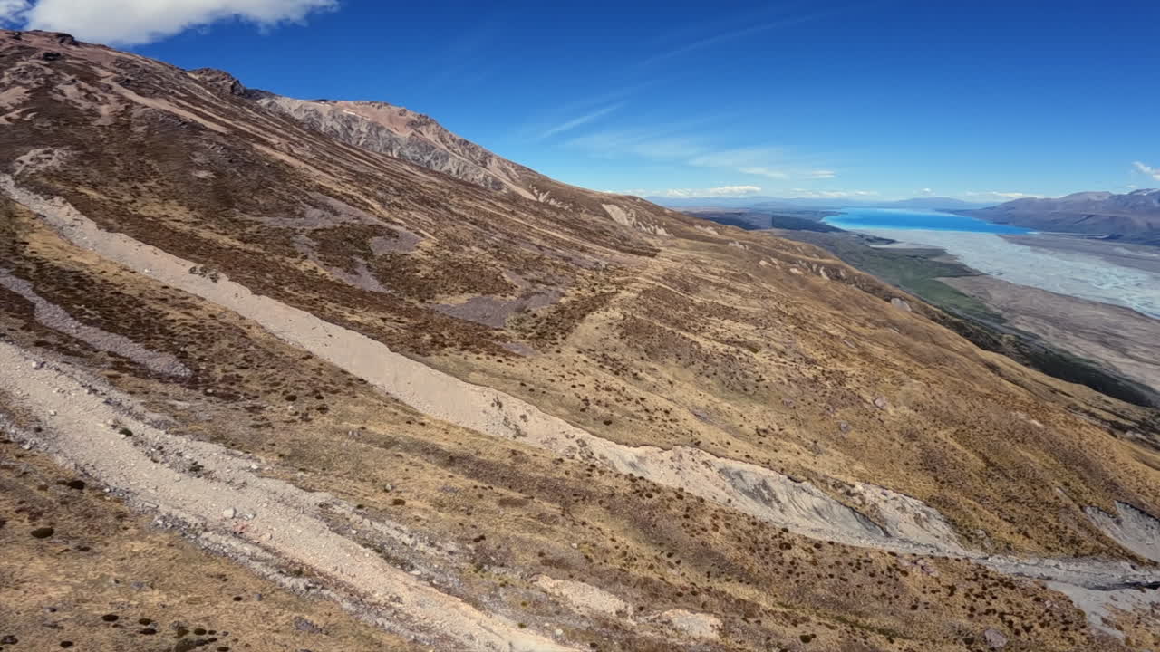 Helicopter POV flying towards Lake Pukaki, New Zealand