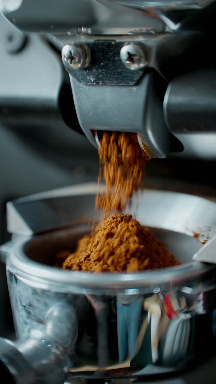 Tampilan Dekat Penggiling Kopi Mengeluarkan Bubuk Kopi