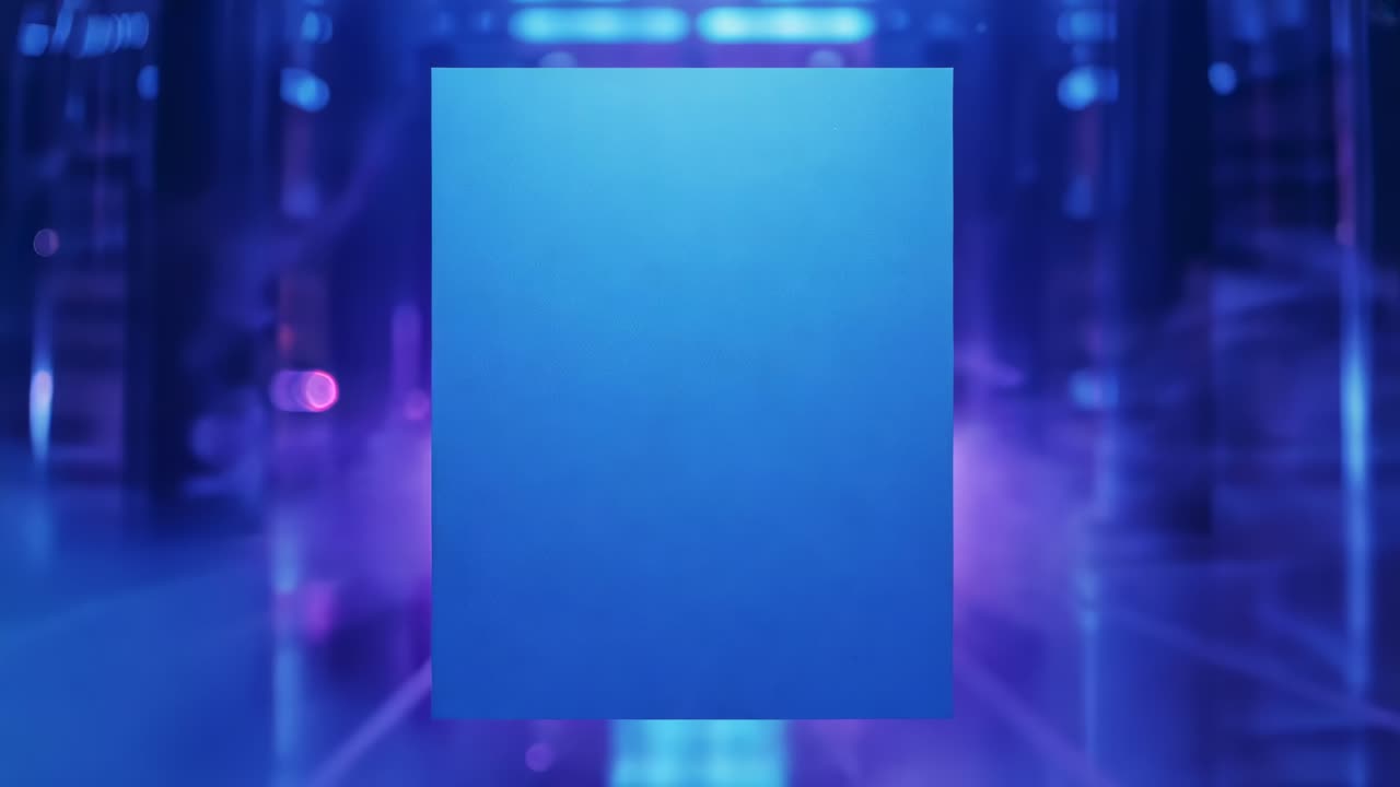Fotogramma iniziale che mostra un pannello blu centrato e stabile in un corridoio al neon, con nebbia fluttuante