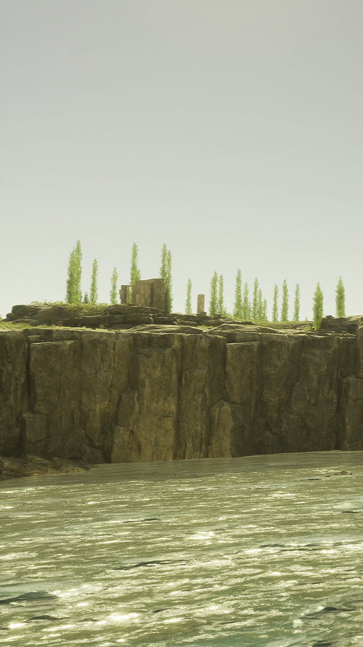 Cliffs tower over calm waters in a serene sunlit landscape