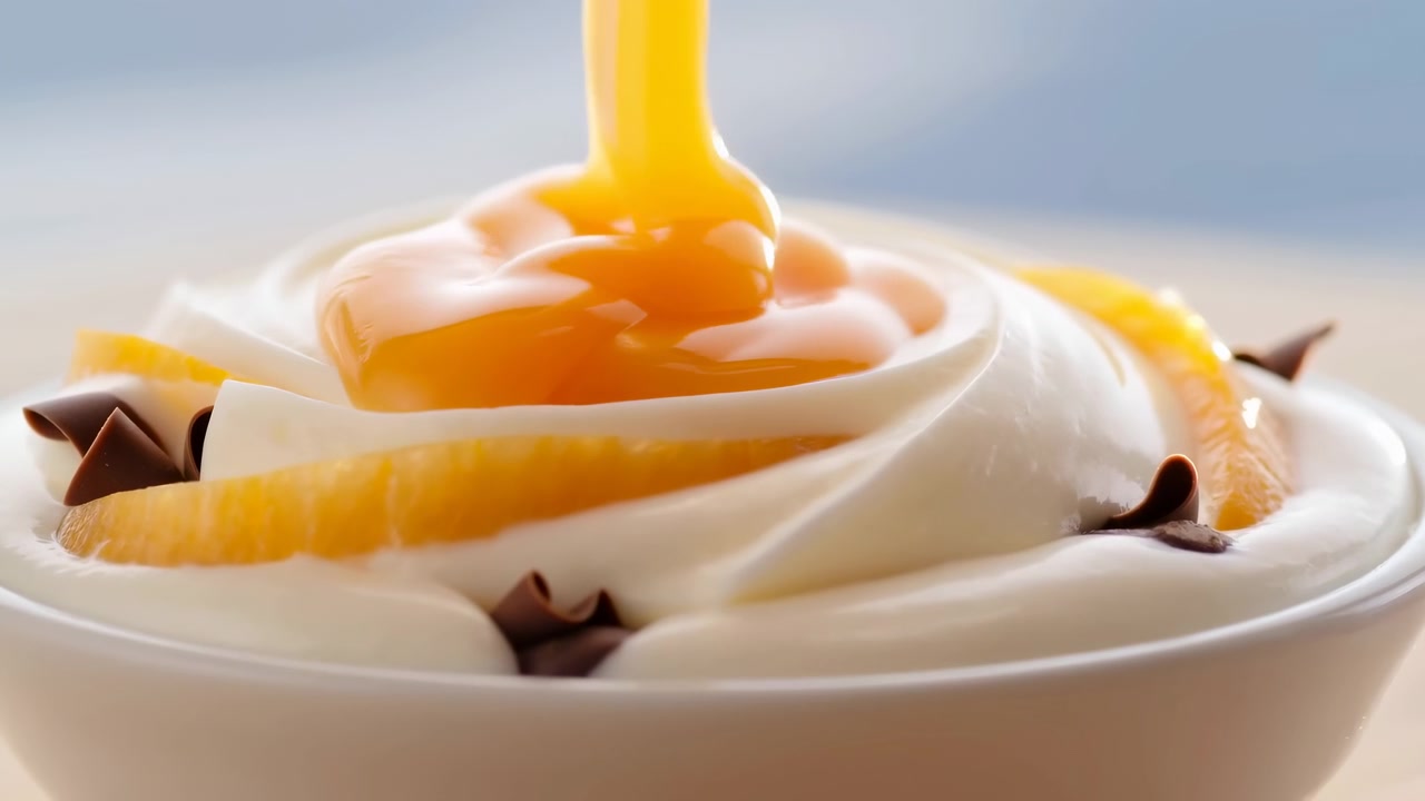Au début de la séquence, un bol à dessert blanc est placé au premier plan et au centre, tandis que de la sauce orange se déverse d'en haut dans un tourbillon de crème fouettée.