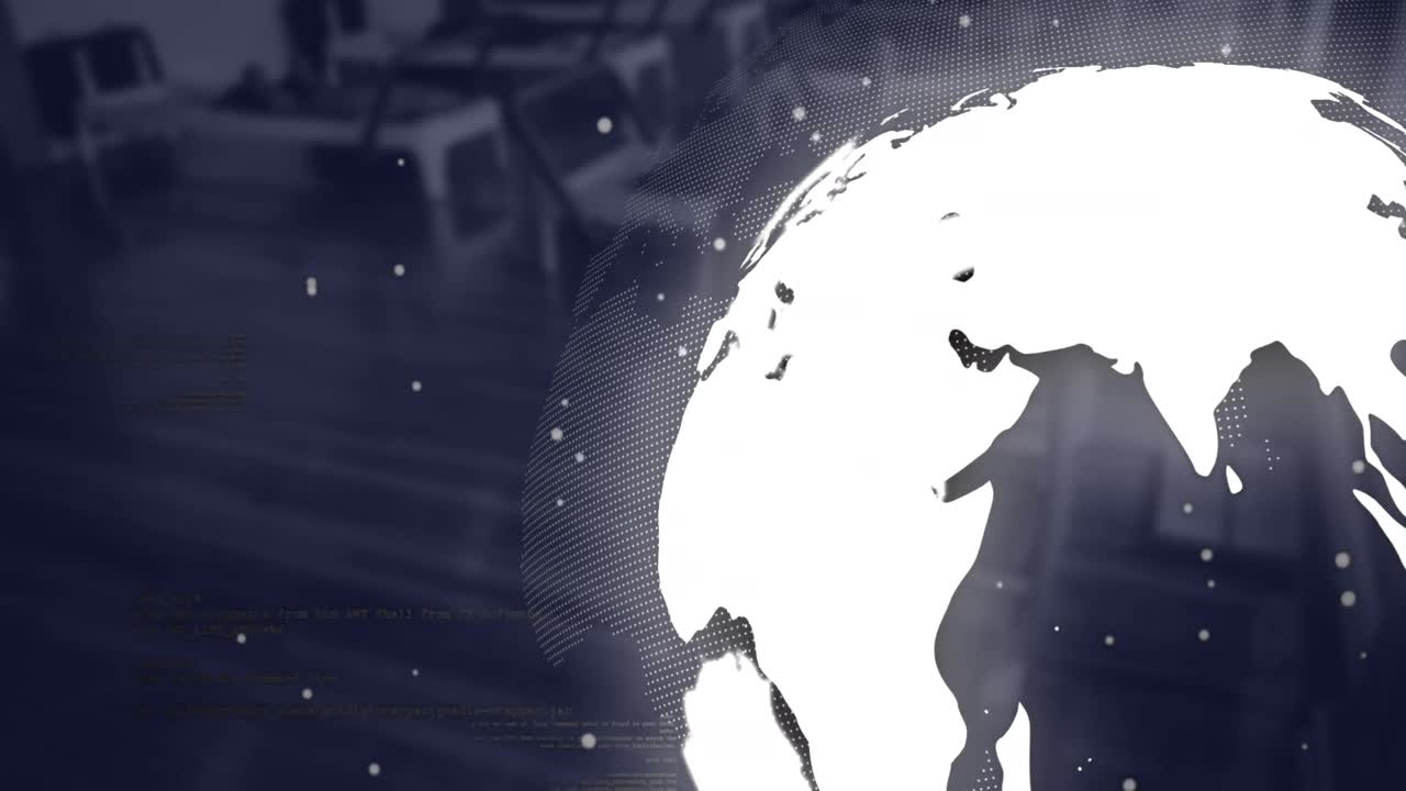 Animation of white particles, spinning globe and data processing against empty office
