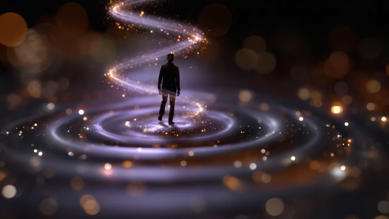 A Mysterious Figure Walking Through a Swirling Galaxy of Light, Sparkles, and Energy in a Cosmic Environment with an Enigmatic Path of Colorful Luminescence